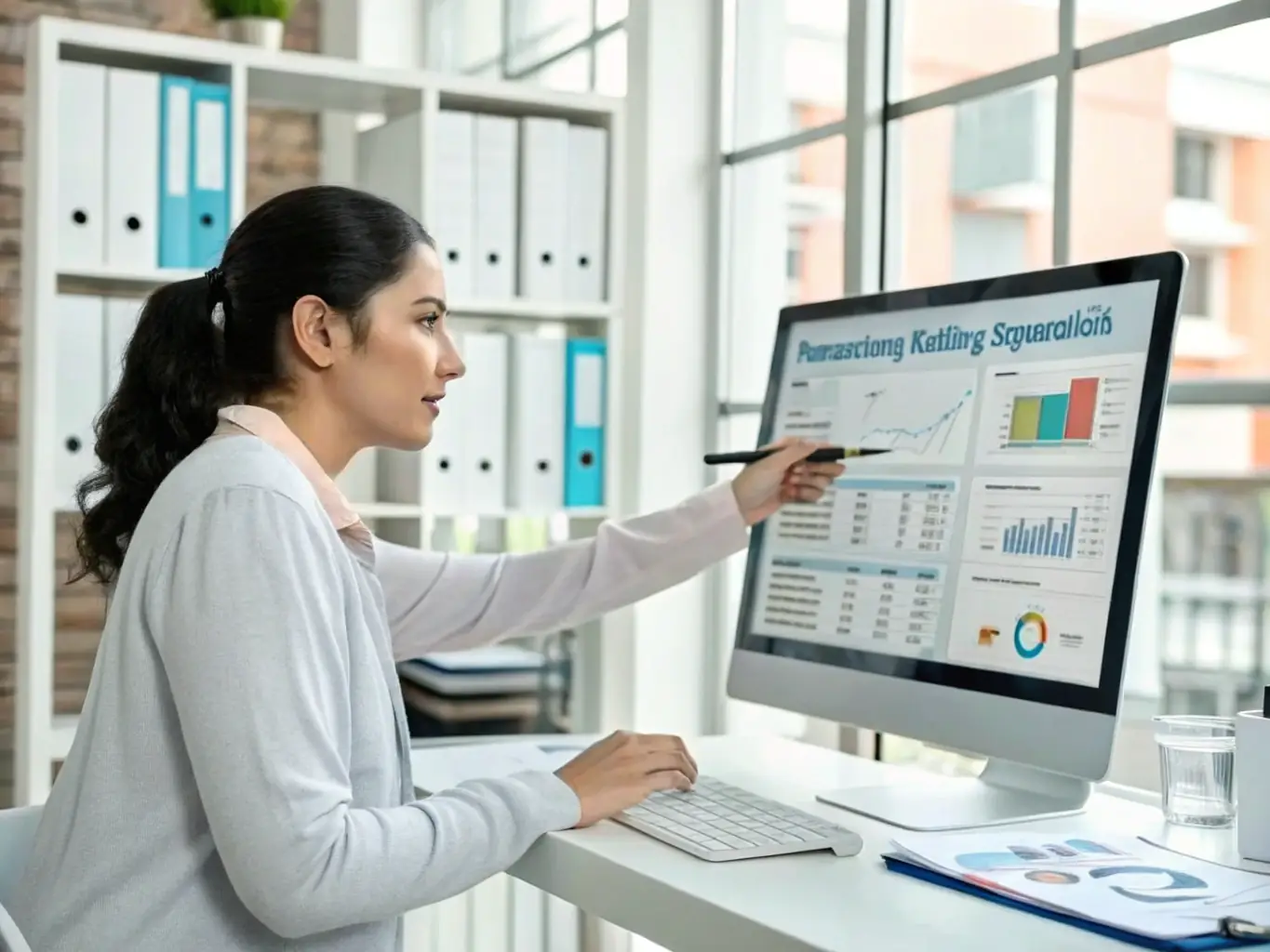 A healthcare billing specialist analyzing denial reports on a computer, identifying and resolving claim denials.
