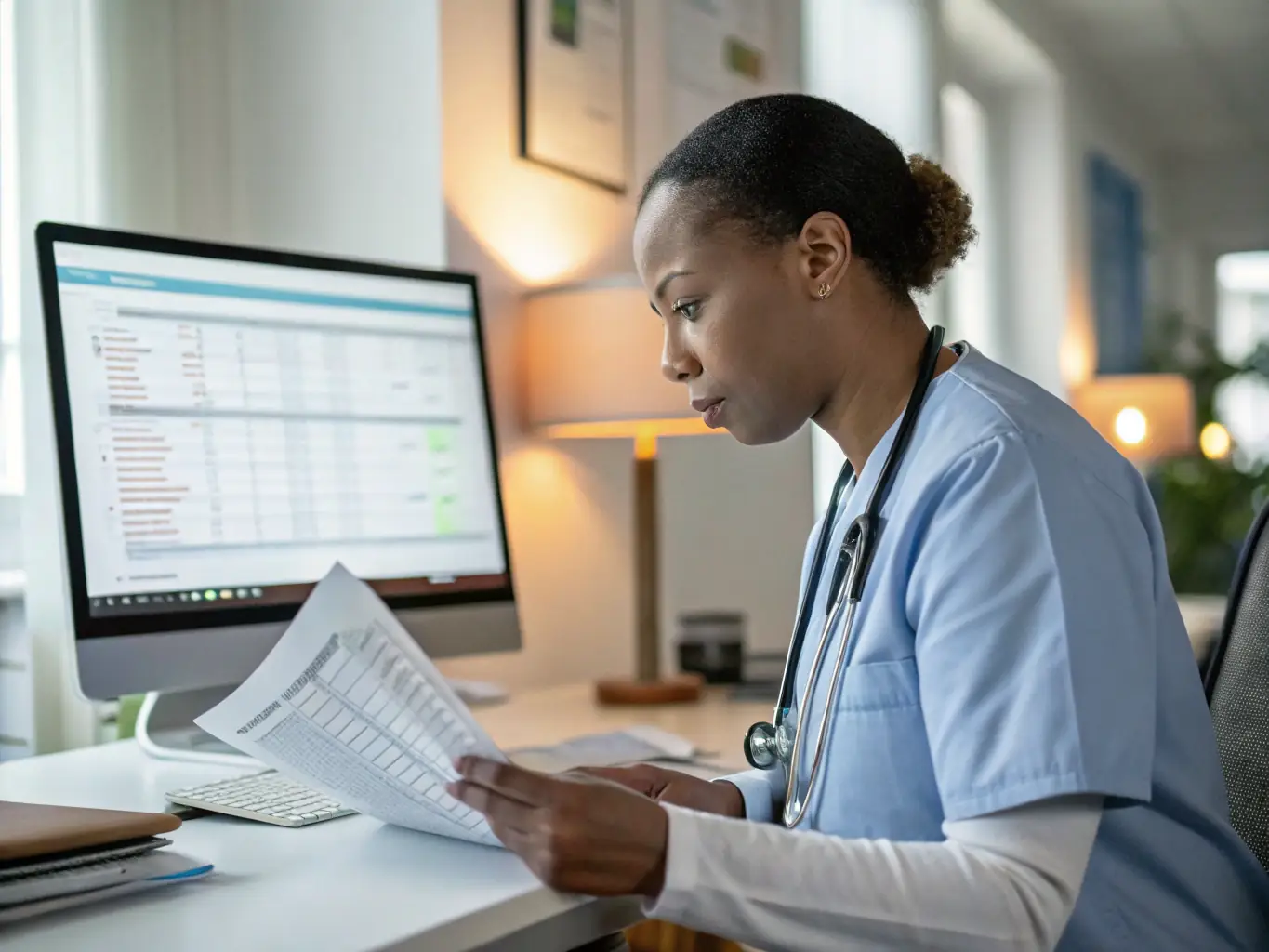 An image of a healthcare professional reviewing electronic claims on a computer screen, ensuring accuracy and compliance.