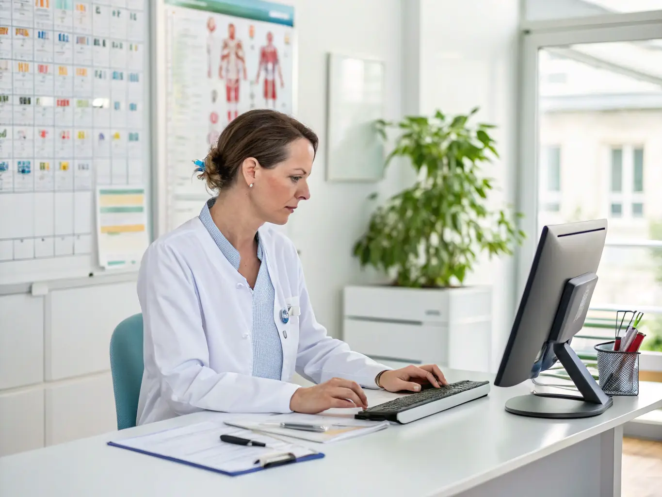 A healthcare administrator smiling confidently while reviewing a dashboard displaying successful claims submissions and revenue growth.